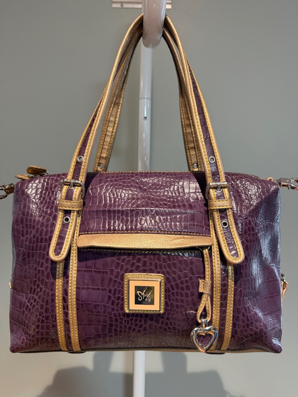 Sharif Purple Croc-Embossed Satchel with Gold Trim - Picture 2 of 16